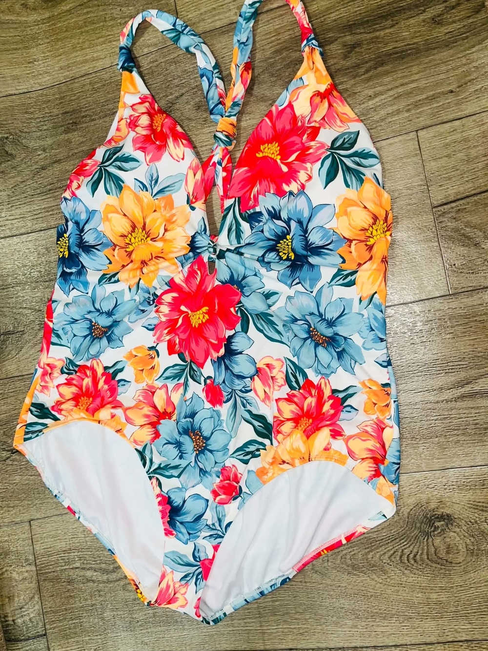 Time and Tru Floral One-Piece Swimsuit - Blue, Yellow, Red